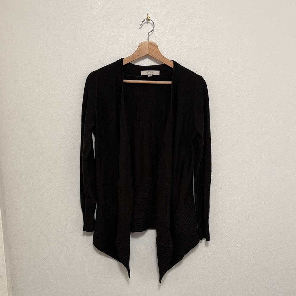 LOFT Black Open Front Draped Asymmetric Cardigan
